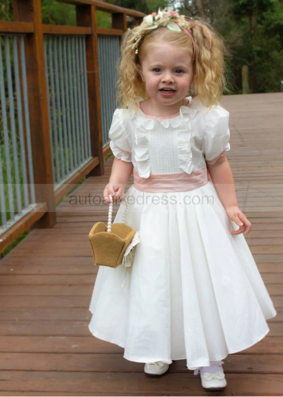 Puff Short Sleeves Ivory Cotton Flower Girl Dress With Frills Puff Short Sleeves Ivory Cotton Flower Girl Dress With Frills